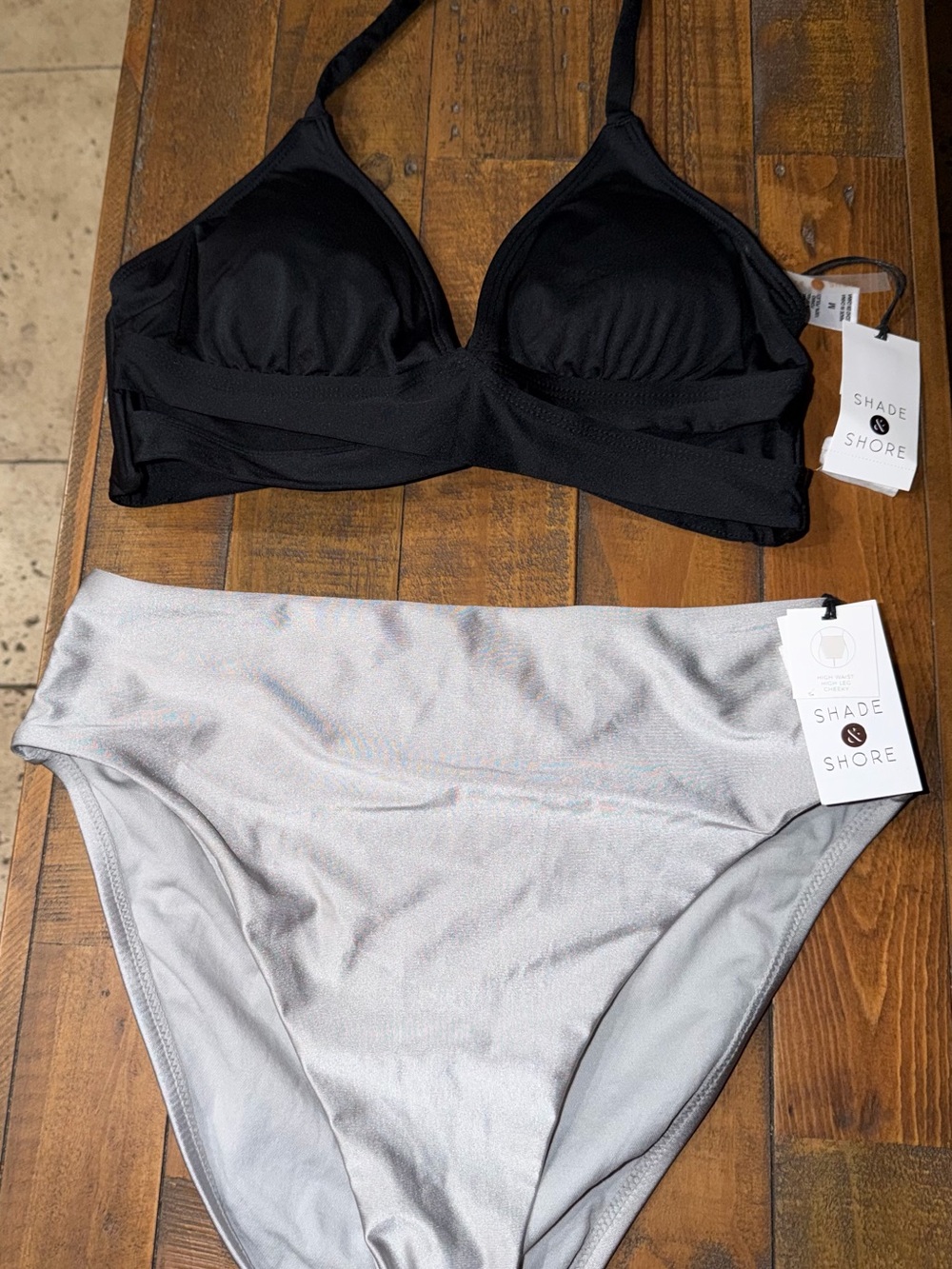 Shade & Shore Black Bikini Top with Silver High-Waist Bottoms
